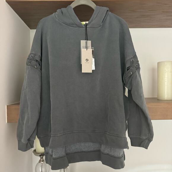 Avocado Lace Up Sleeve Hooded Sweatshirt in Blue - Picture 1 of 5